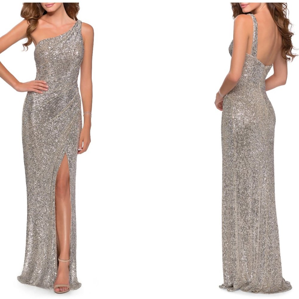 La Femme One Shoulder Sequin Gown Silver Sz 8 | 28401
